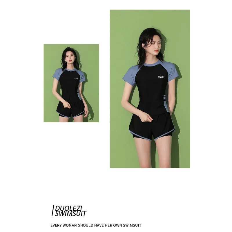 Sports Two-piece Swimsuit with Short Sleeves High Waisted Double Layered Shorts Suitable for Beach Swimming Pool Training
