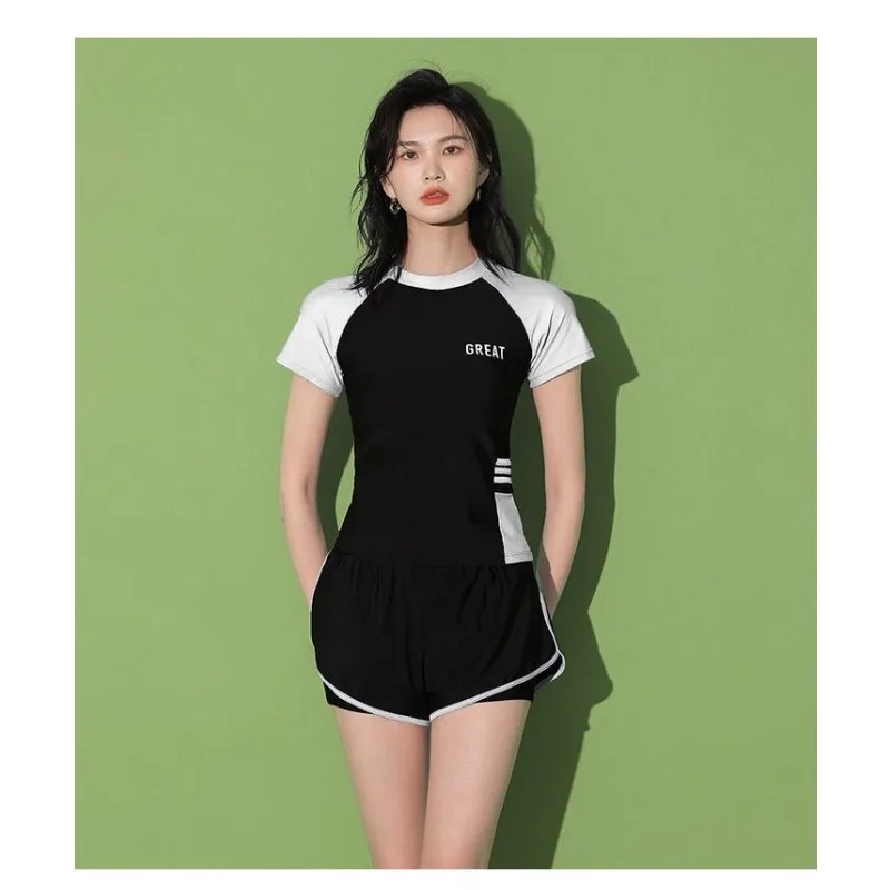 Sports Two-piece Swimsuit with Short Sleeves High Waisted Double Layered Shorts Suitable for Beach Swimming Pool Training