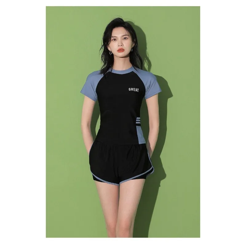 Sports Two-piece Swimsuit with Short Sleeves High Waisted Double Layered Shorts Suitable for Beach Swimming Pool Training