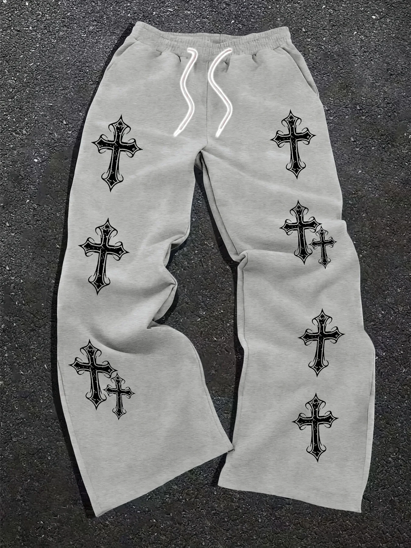 2026 Summer Kids Quick Dry Loose Pants Grey Black Gothic Cross Print Drawstring Elastic Waist Fashion Casual Streetwear Trousers