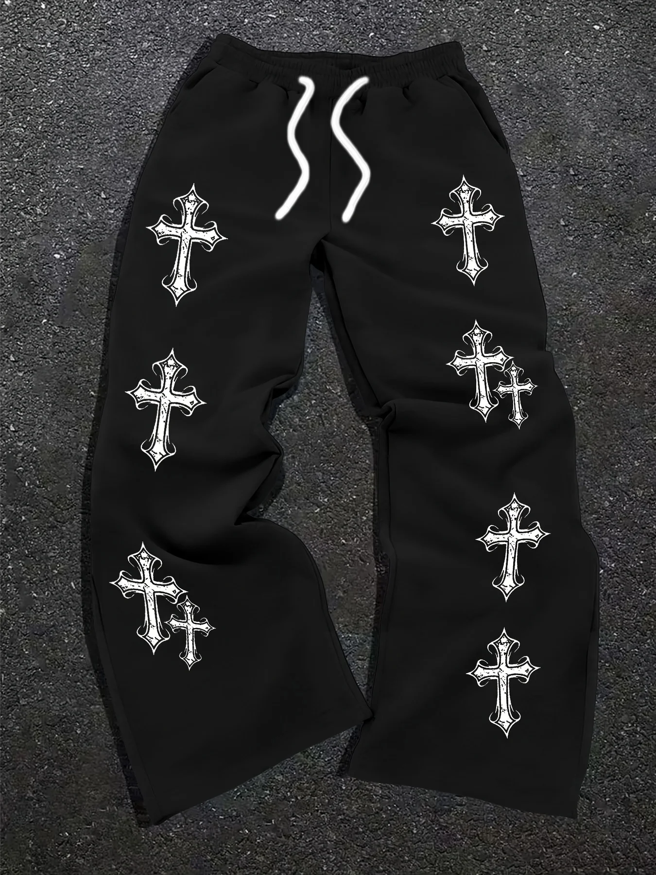2026 Summer Kids Quick Dry Loose Pants Grey Black Gothic Cross Print Drawstring Elastic Waist Fashion Casual Streetwear Trousers