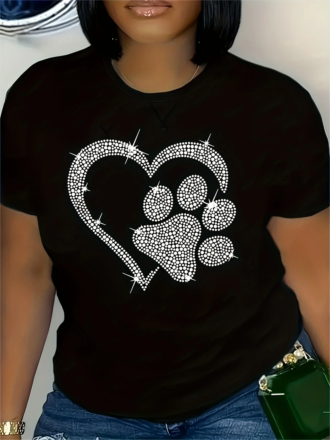 Rhinestone Heart Paw Print Women's Tee - Sparkly Pet Love Graphic, Casual Black Top Printing RoundNeck T-shirts Clothing