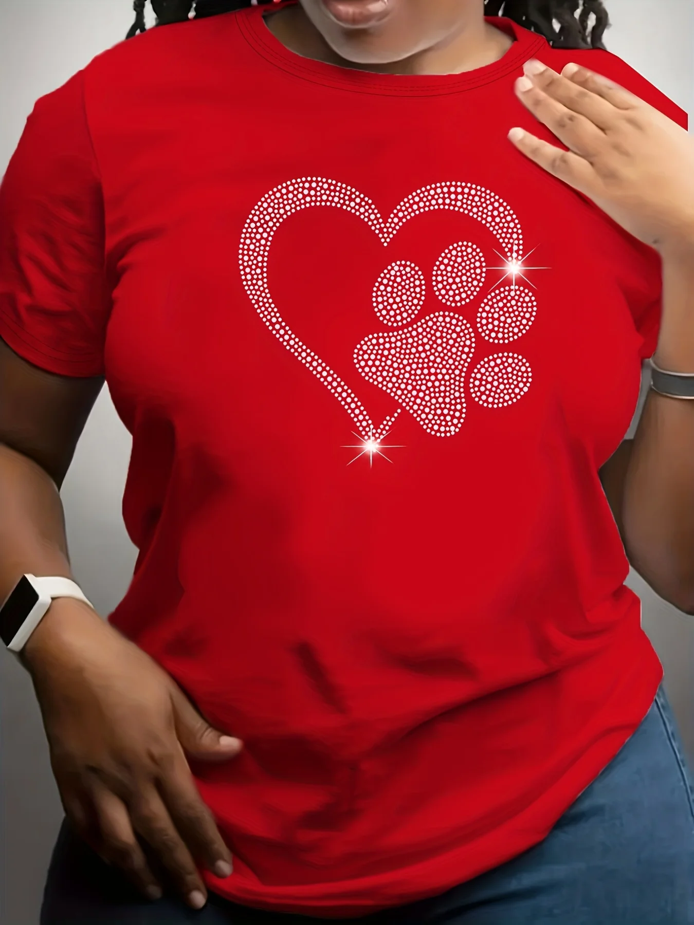 Rhinestone Heart Paw Print Women's Tee - Sparkly Pet Love Graphic, Casual Black Top Printing RoundNeck T-shirts Clothing