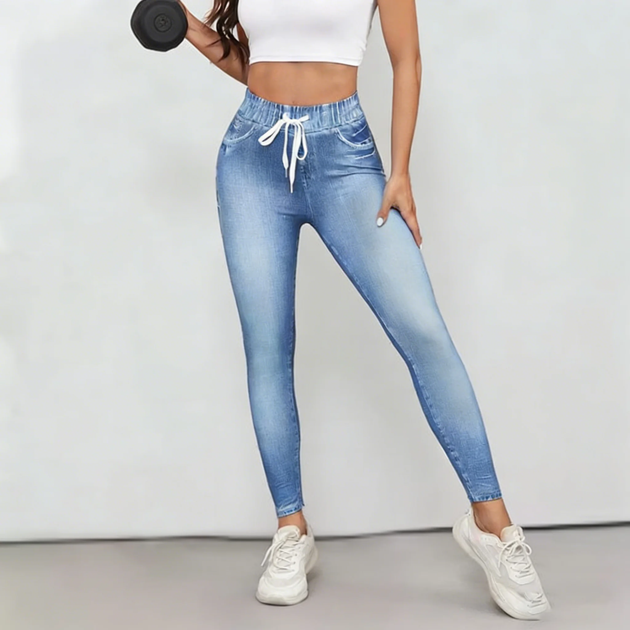 Women High Waist Non-Denim Leggings High Stretch Breathable Slim Fit Butt Lifting Jeans Style Tight Pants for Casual Daily Wear