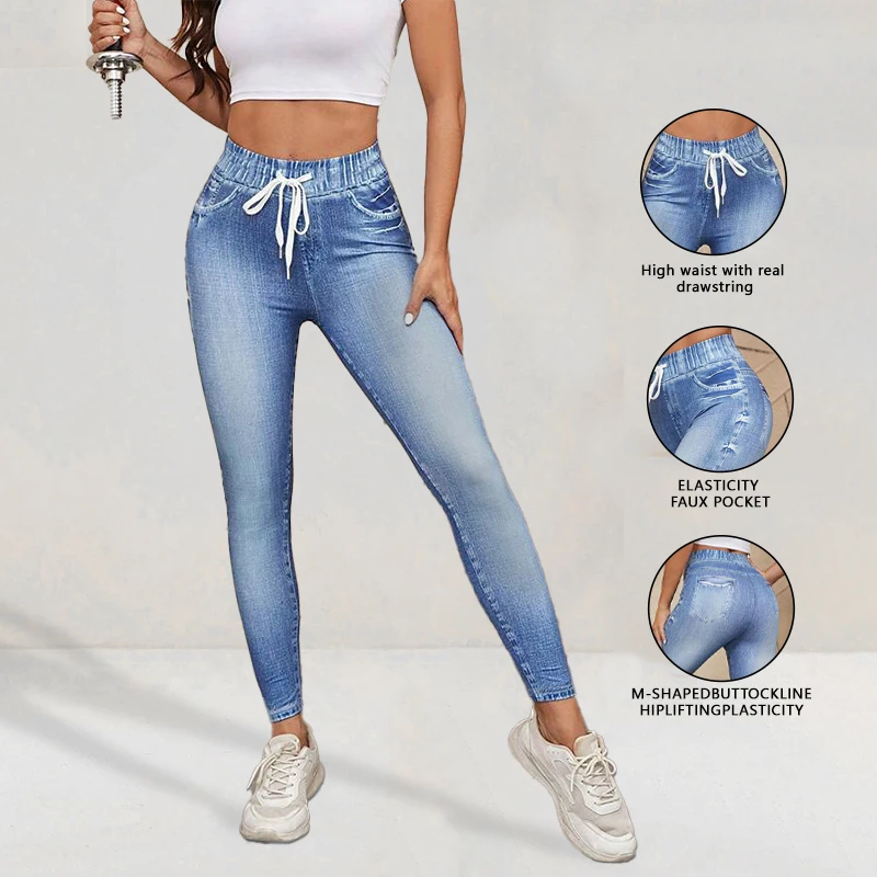 Women High Waist Non-Denim Leggings High Stretch Breathable Slim Fit Butt Lifting Jeans Style Tight Pants for Casual Daily Wear
