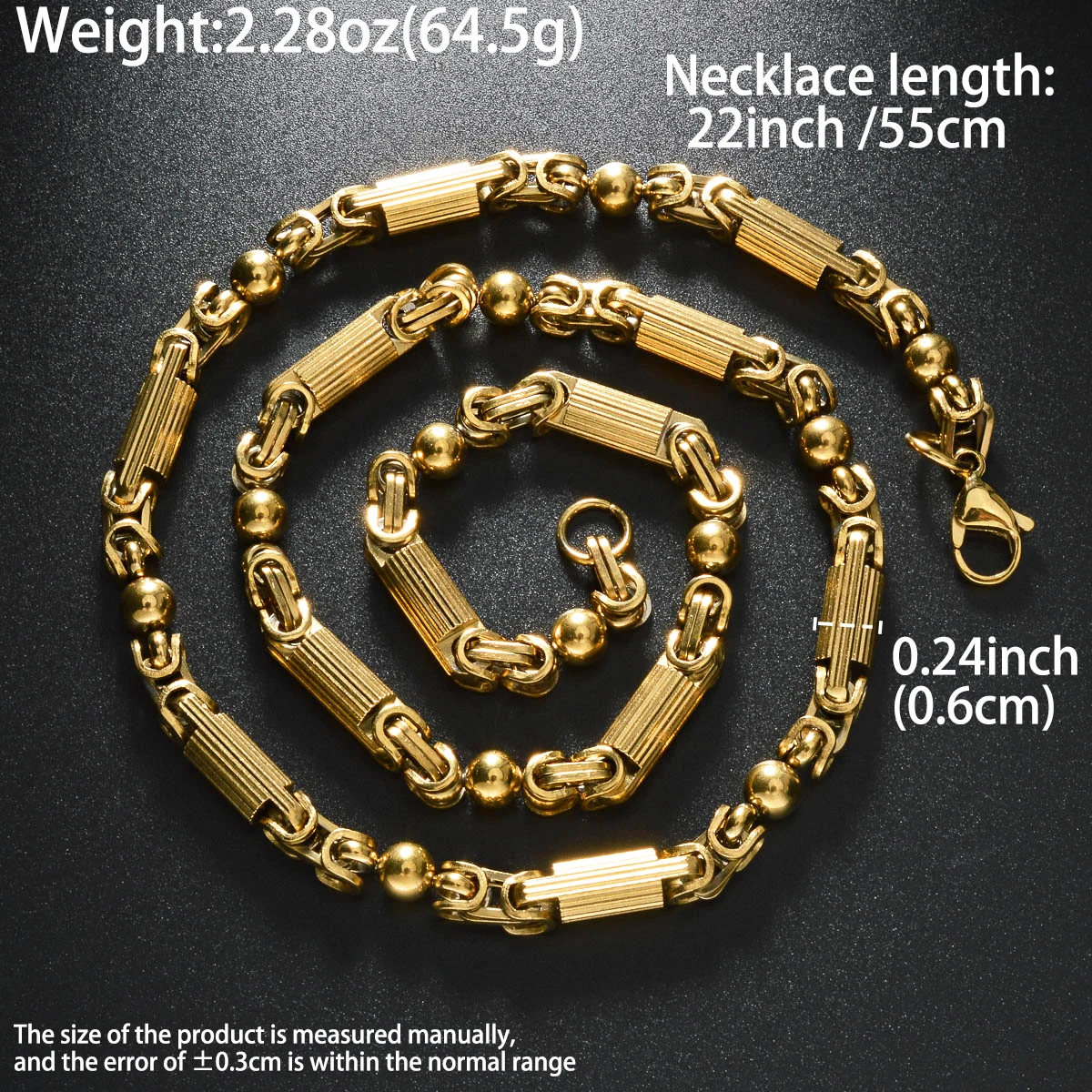 Mens Vintage Punk Textured Cylinder Link Necklace 18K Gold Plated Stainless Steel Two Tone Gold Silver Hip Hop Jewelry for Daily