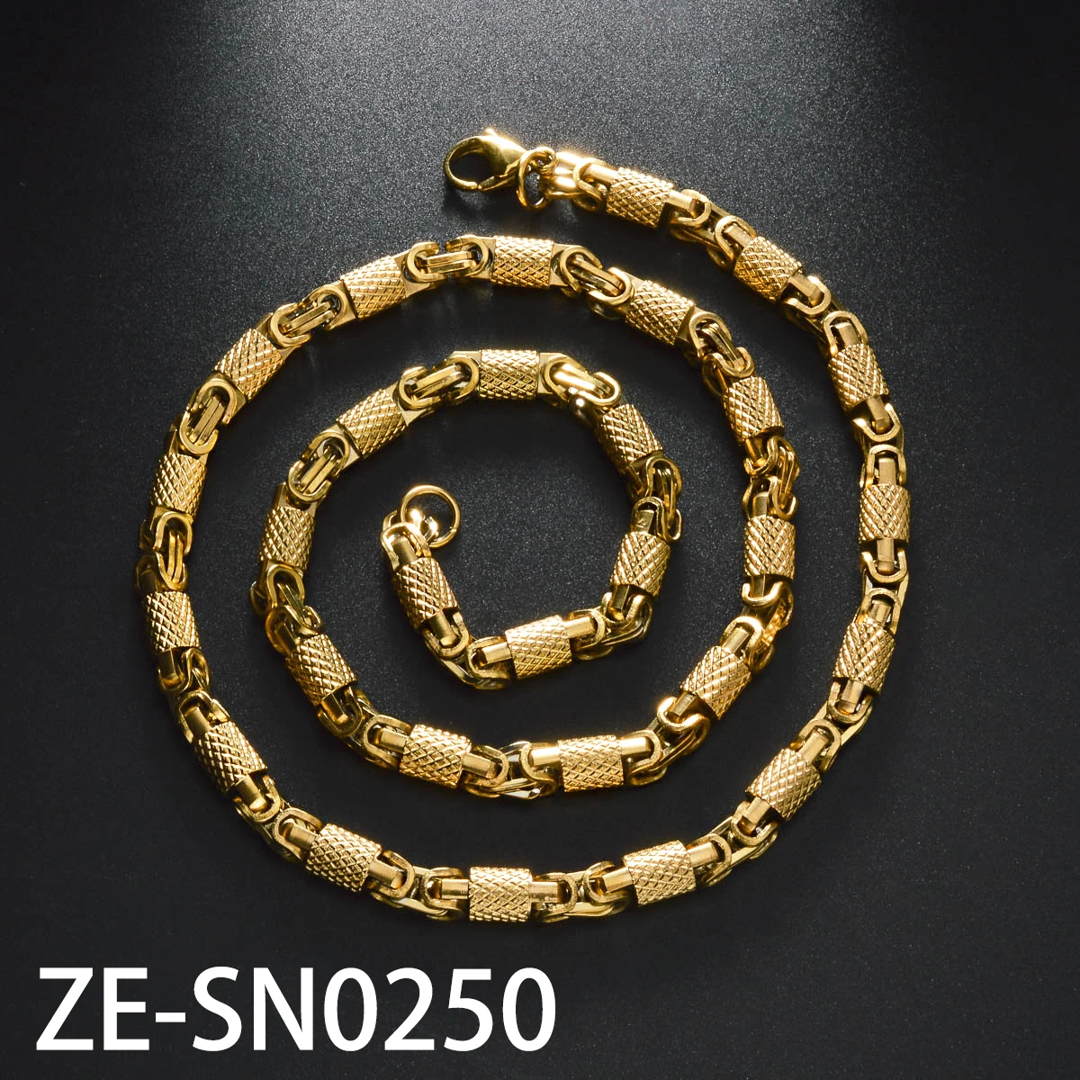 Mens Vintage Punk Textured Cylinder Link Necklace 18K Gold Plated Stainless Steel Two Tone Gold Silver Hip Hop Jewelry for Daily
