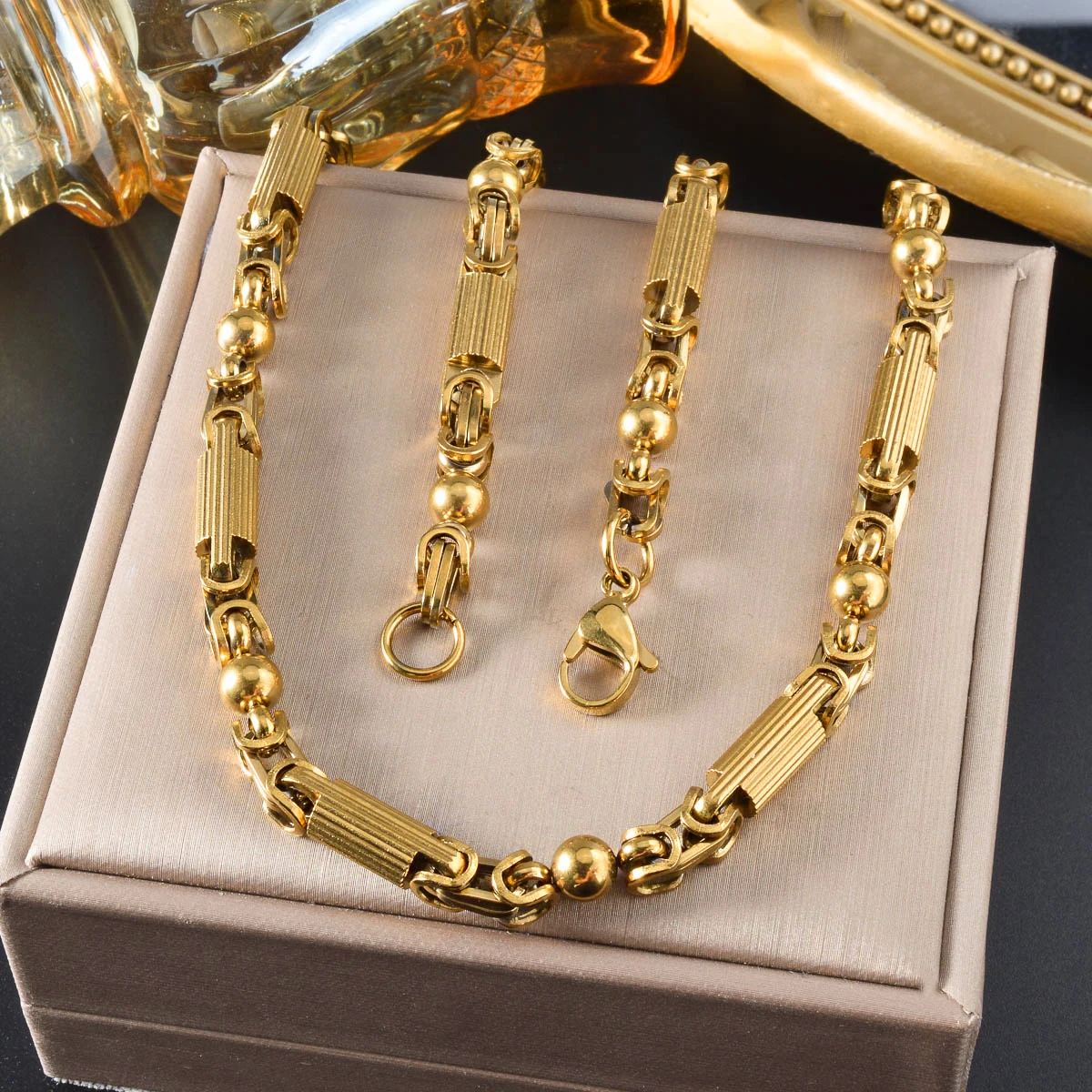 Mens Vintage Punk Textured Cylinder Link Necklace 18K Gold Plated Stainless Steel Two Tone Gold Silver Hip Hop Jewelry for Daily