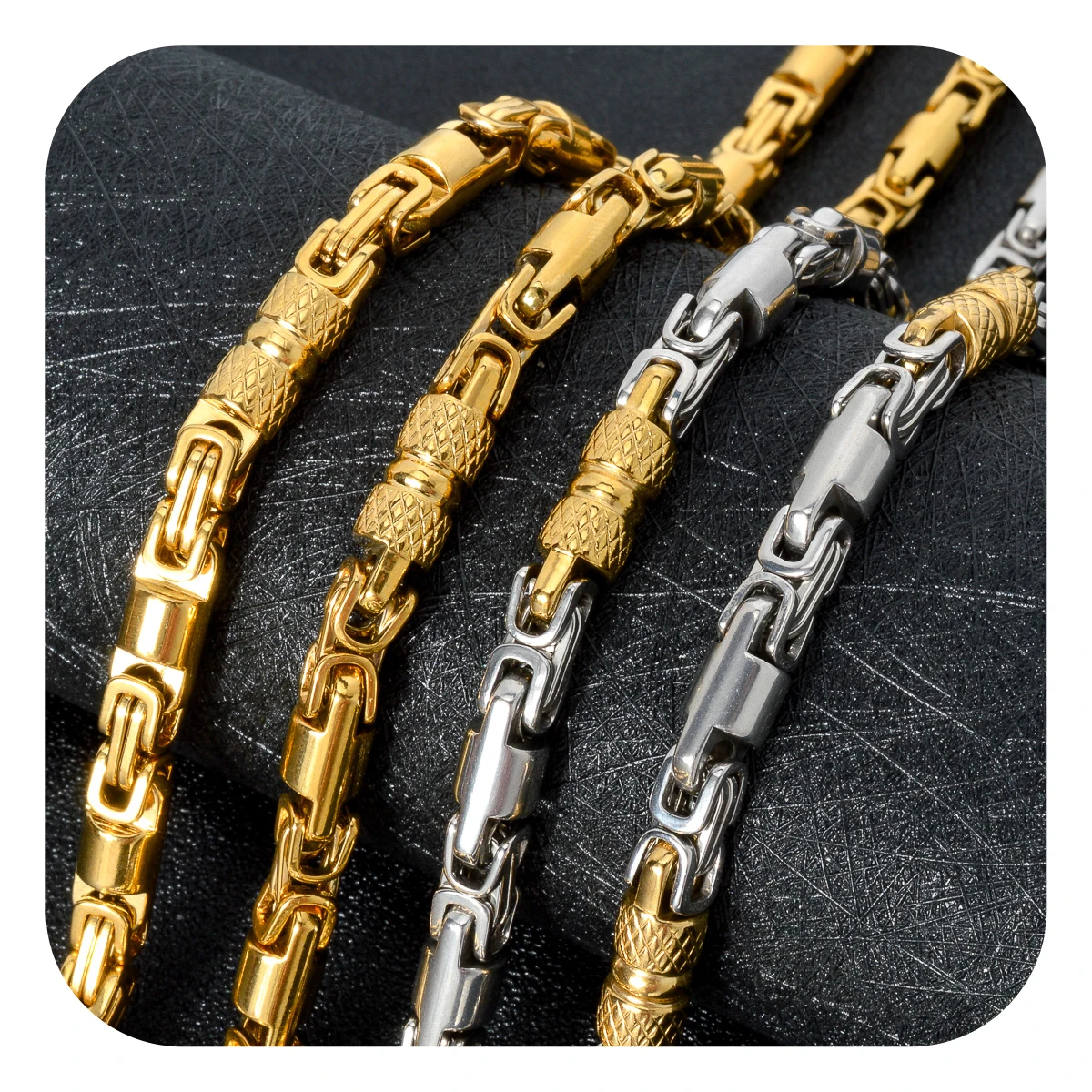 Mens Vintage Punk Textured Cylinder Link Necklace 18K Gold Plated Stainless Steel Two Tone Gold Silver Hip Hop Jewelry for Daily