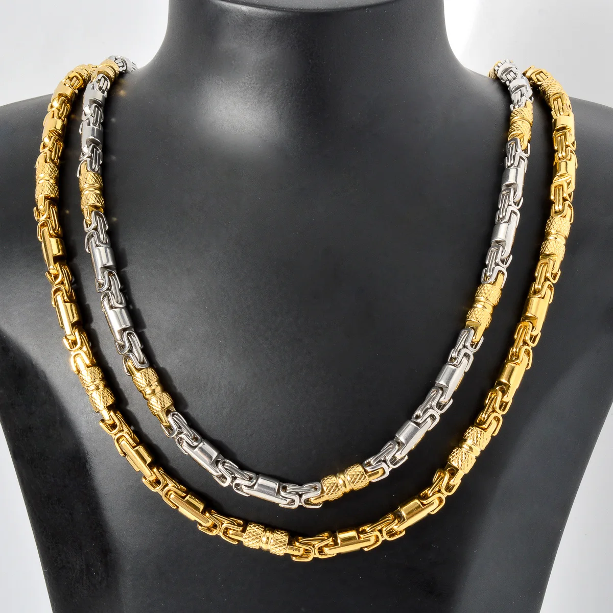 Mens Vintage Punk Textured Cylinder Link Necklace 18K Gold Plated Stainless Steel Two Tone Gold Silver Hip Hop Jewelry for Daily