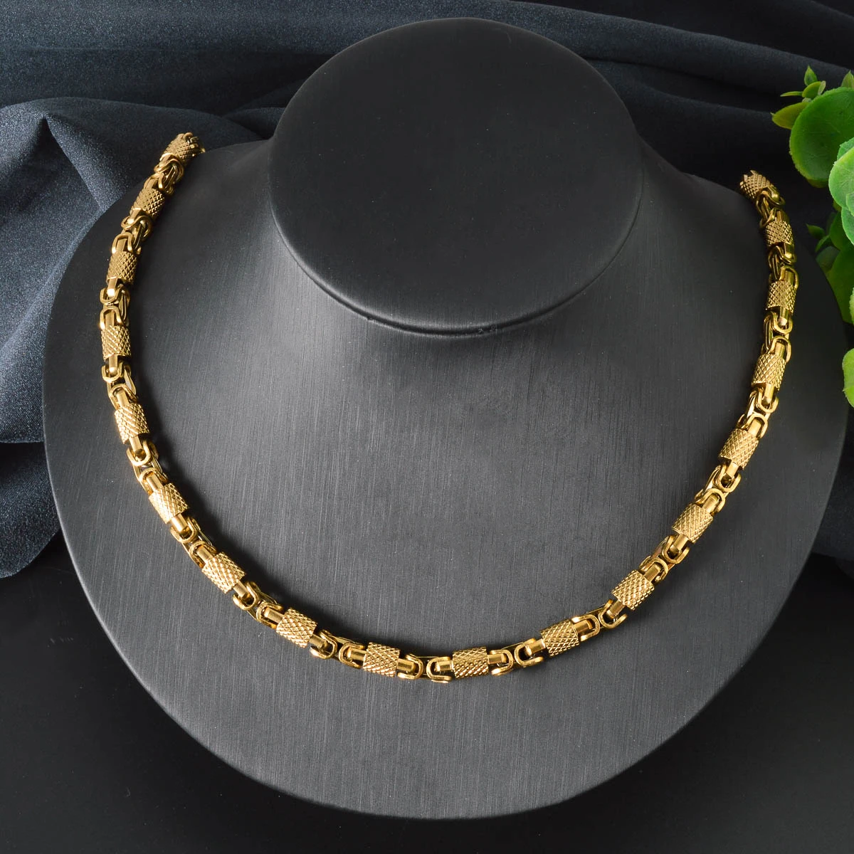 Mens Vintage Punk Textured Cylinder Link Necklace 18K Gold Plated Stainless Steel Two Tone Gold Silver Hip Hop Jewelry for Daily