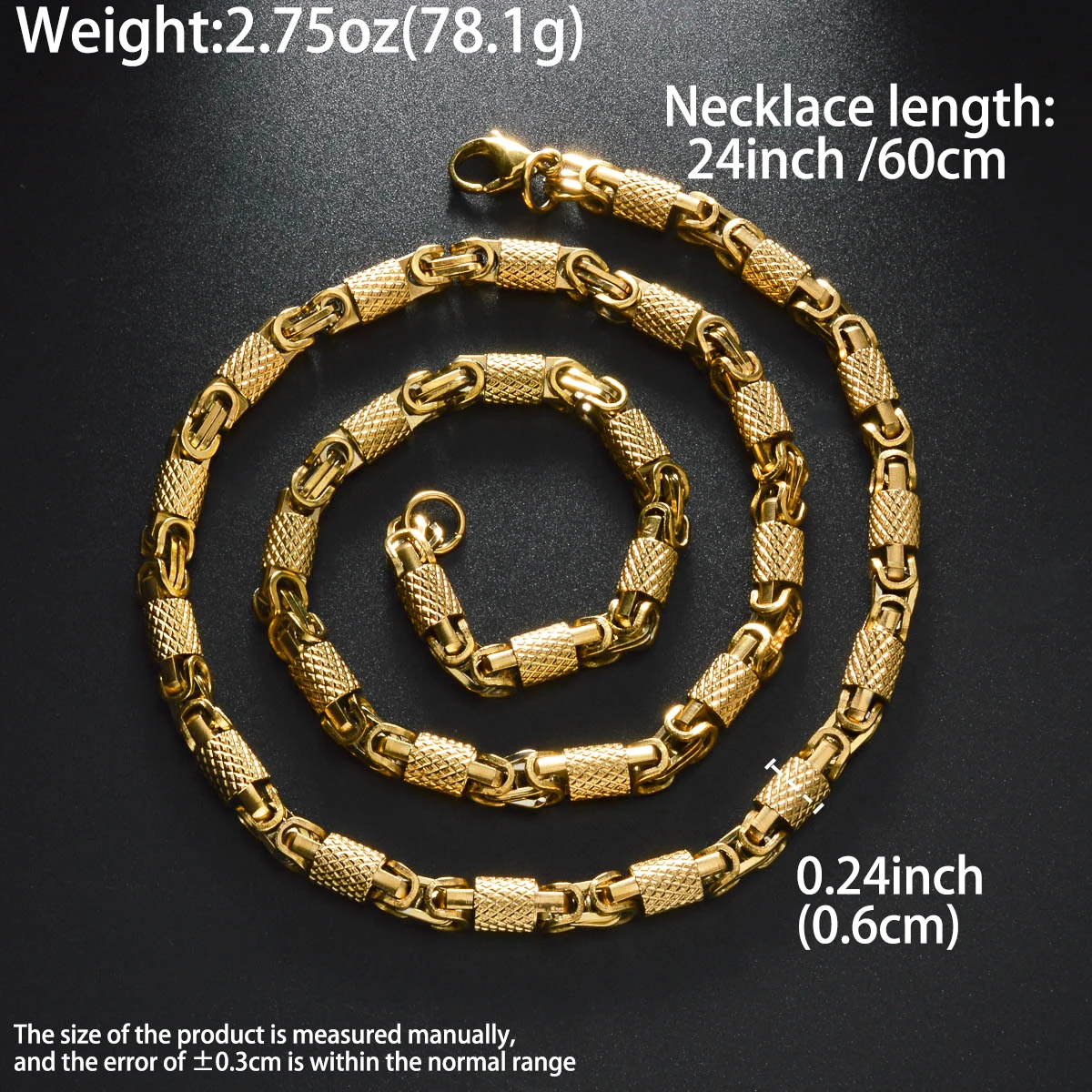 Mens Vintage Punk Textured Cylinder Link Necklace 18K Gold Plated Stainless Steel Two Tone Gold Silver Hip Hop Jewelry for Daily