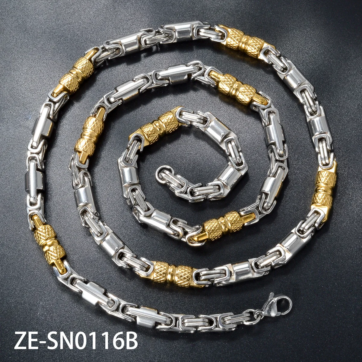 Mens Vintage Punk Textured Cylinder Link Necklace 18K Gold Plated Stainless Steel Two Tone Gold Silver Hip Hop Jewelry for Daily