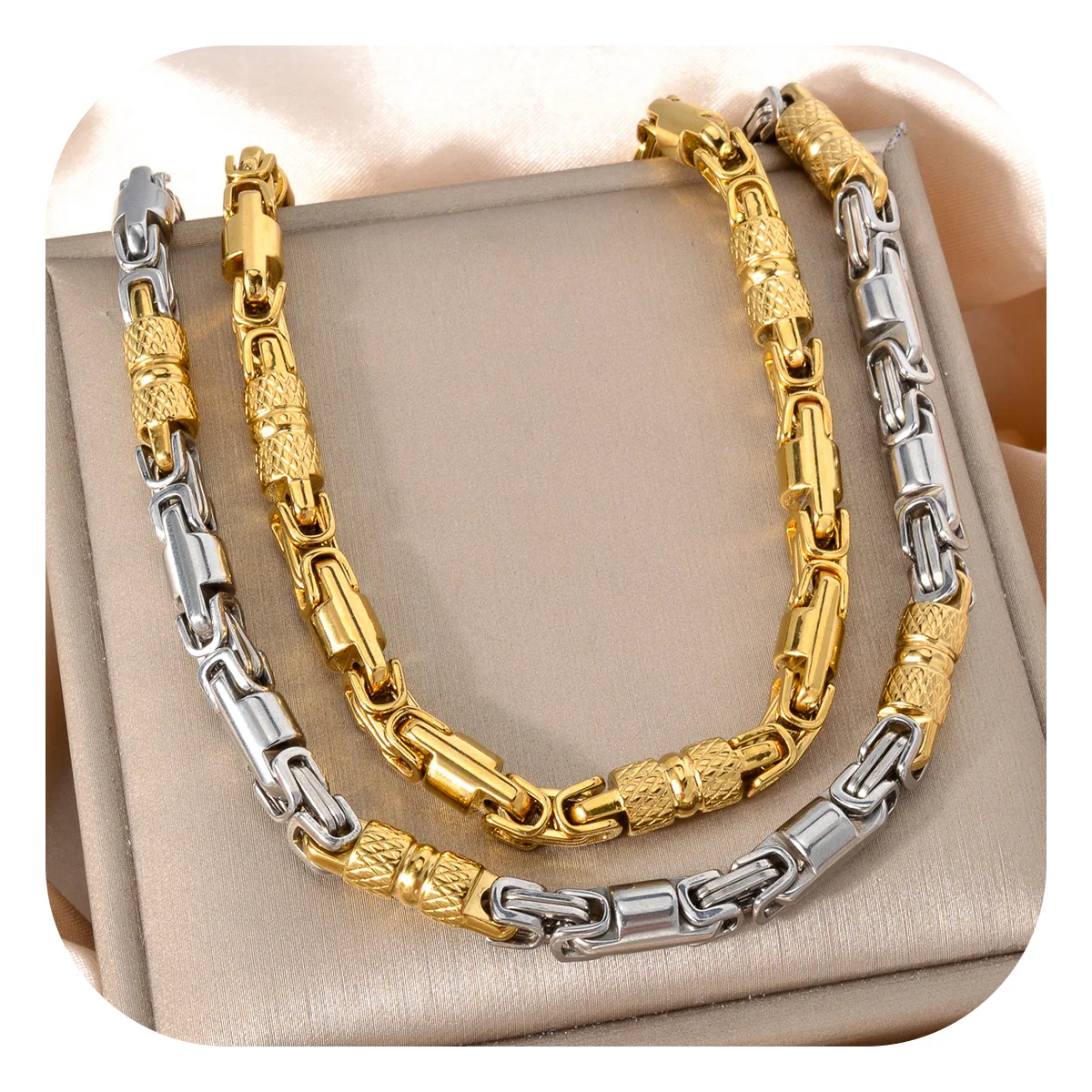 Mens Vintage Punk Textured Cylinder Link Necklace 18K Gold Plated Stainless Steel Two Tone Gold Silver Hip Hop Jewelry for Daily