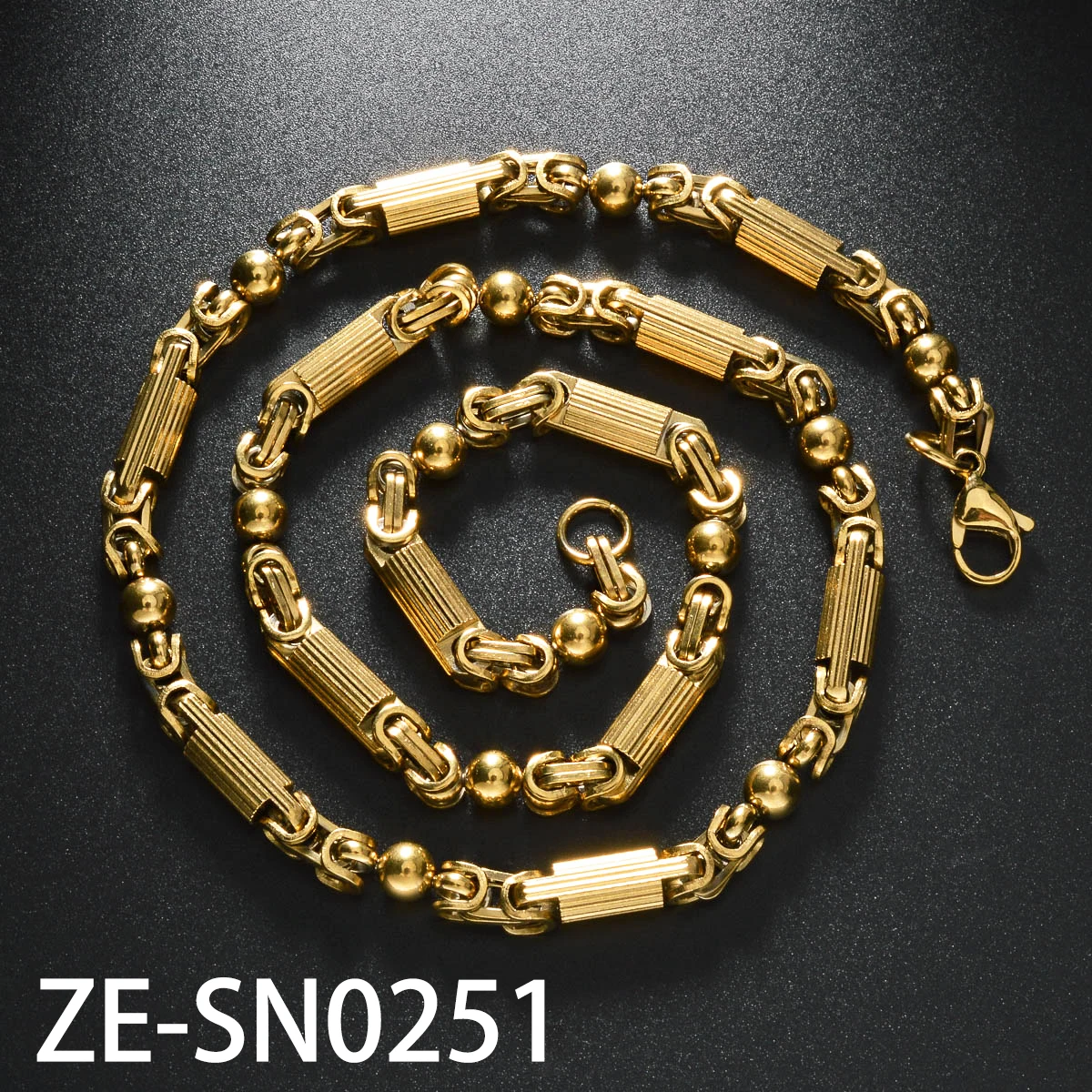 Mens Vintage Punk Textured Cylinder Link Necklace 18K Gold Plated Stainless Steel Two Tone Gold Silver Hip Hop Jewelry for Daily