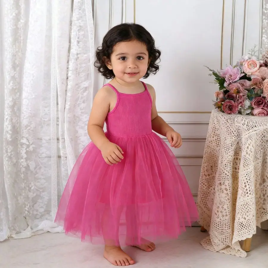 Girl's Chiffon Ball Gown Dress with Rose-Pink Halter, Fashionable and Cool, Sweet Birthday Party, Summer