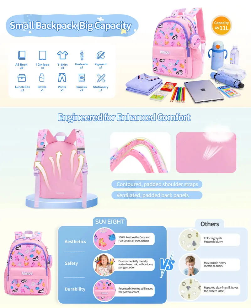 Nylon Backpack for Girls with Coin Purse, Preschool Bag, Lightweight  School Bag for Kids Age 2-6