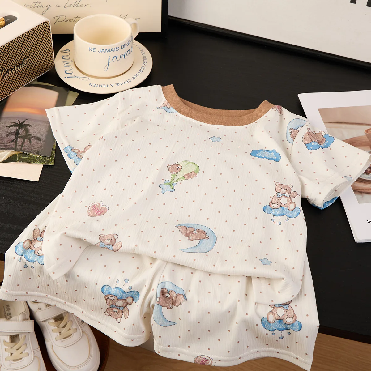 Girls Boys Cartoon Print Sweet Pajamas Short Sleeve Round Neck T-shirt+pants Sleepwear Kids Summer Casual Clothing Sets Pyjama