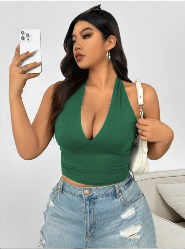 Plus Size Women's Halter Neck Deep V Crop Top Sleeveless Backless Top