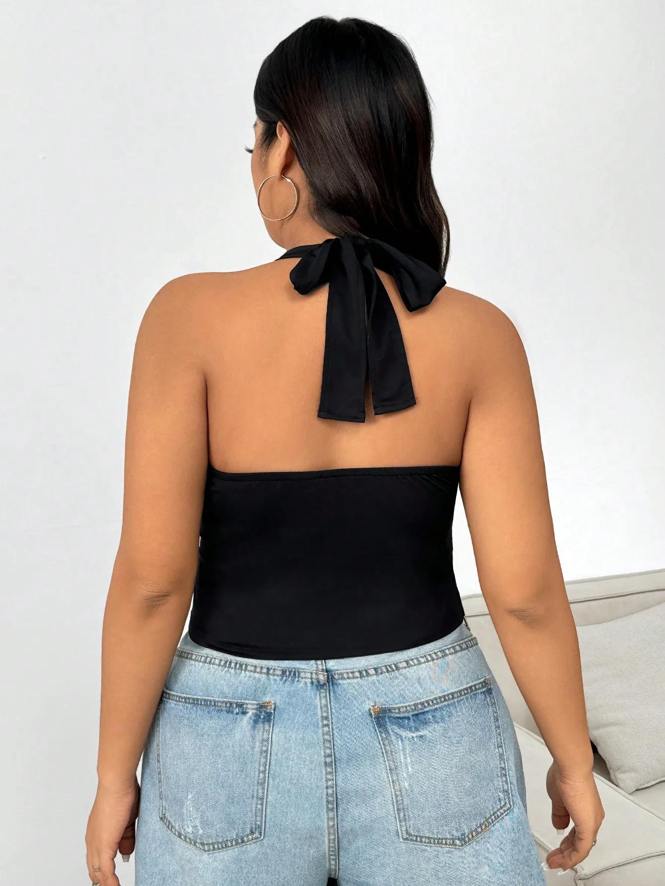 Plus Size Women's Halter Neck Deep V Crop Top Sleeveless Backless Top