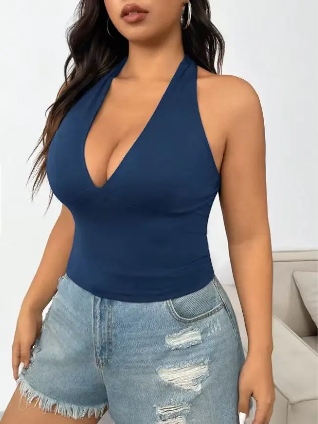 Plus Size Women's Halter Neck Deep V Crop Top Sleeveless Backless Top