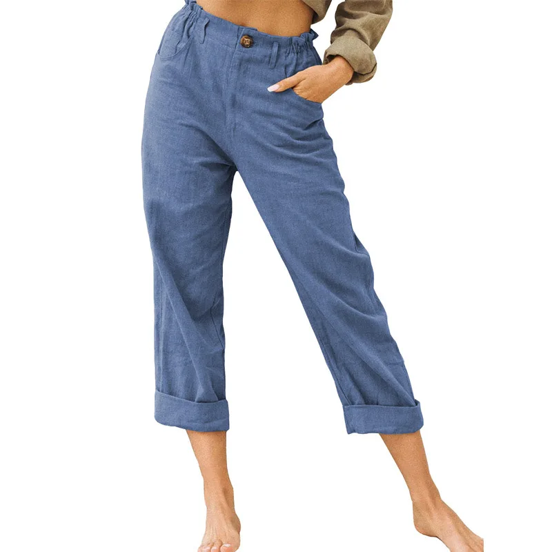 2026 Boho Linen Blend Cropped Pants for Women High Elastic Waist Button Fly Rolled Hem Trousers with Side Pockets