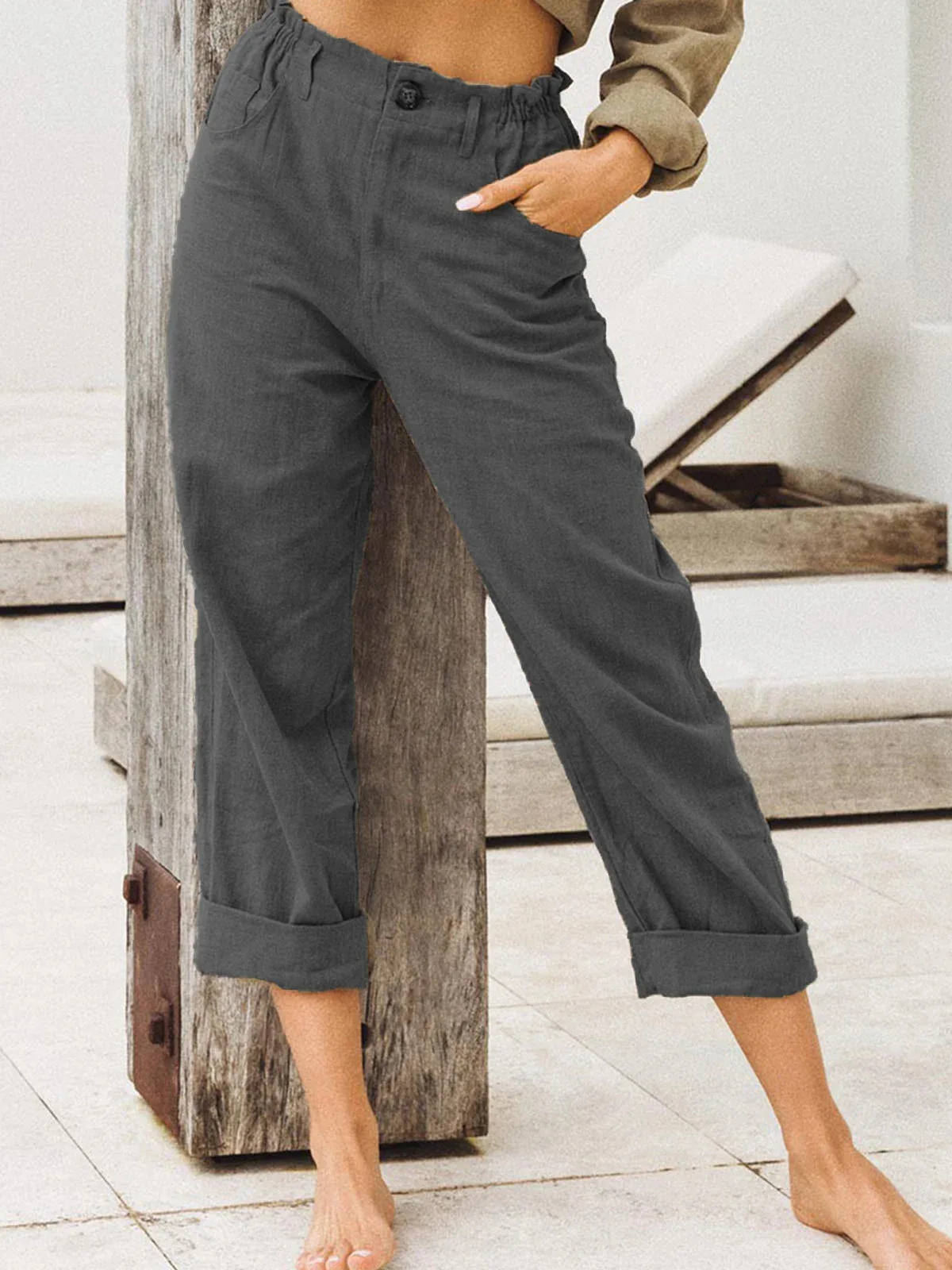 2026 Boho Linen Blend Cropped Pants for Women High Elastic Waist Button Fly Rolled Hem Trousers with Side Pockets