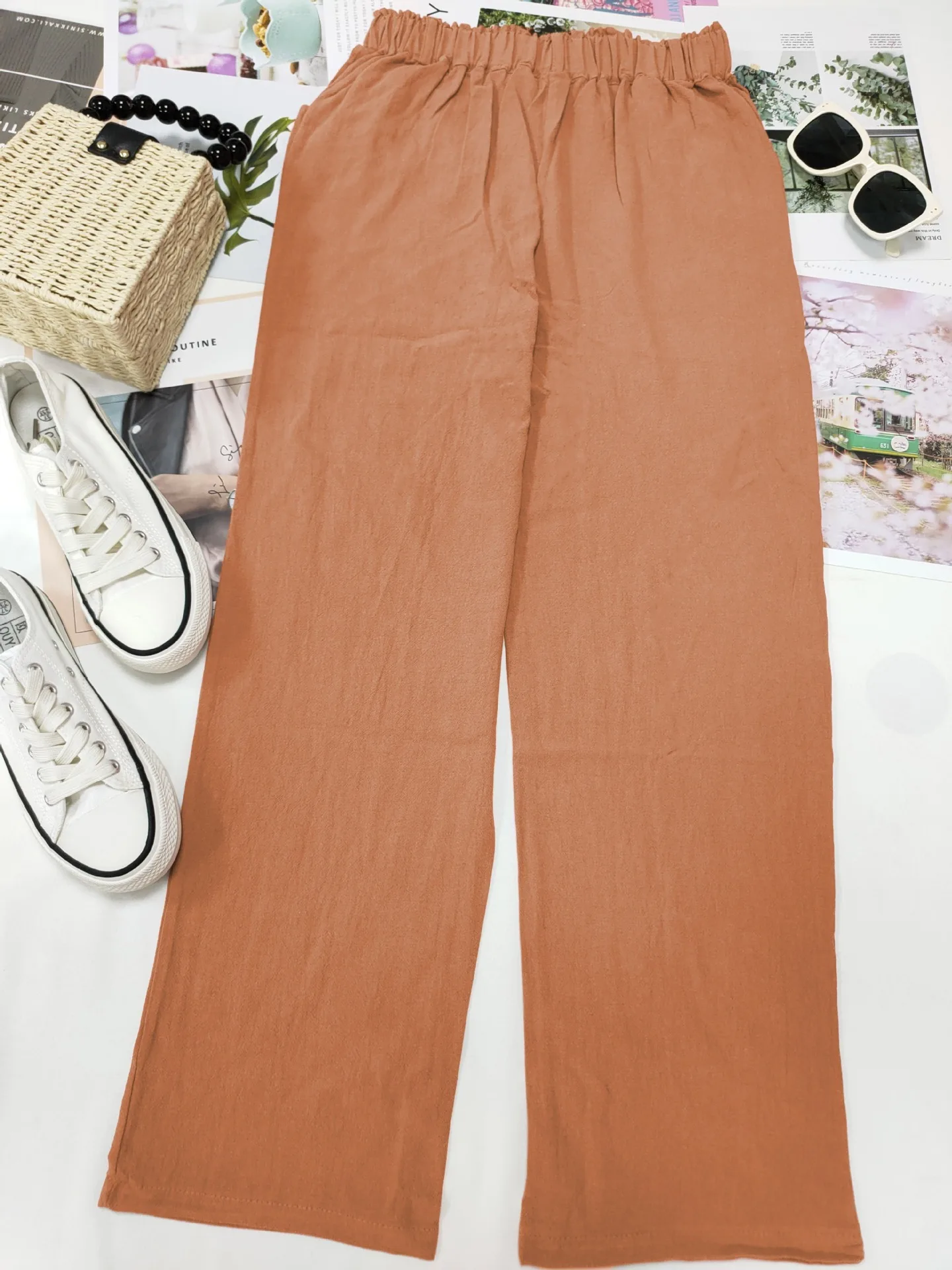 2026 Boho Linen Blend Cropped Pants for Women High Elastic Waist Button Fly Rolled Hem Trousers with Side Pockets