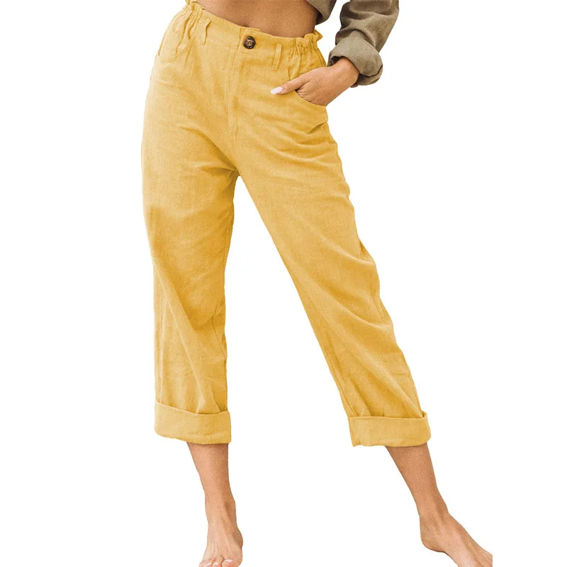 2026 Boho Linen Blend Cropped Pants for Women High Elastic Waist Button Fly Rolled Hem Trousers with Side Pockets