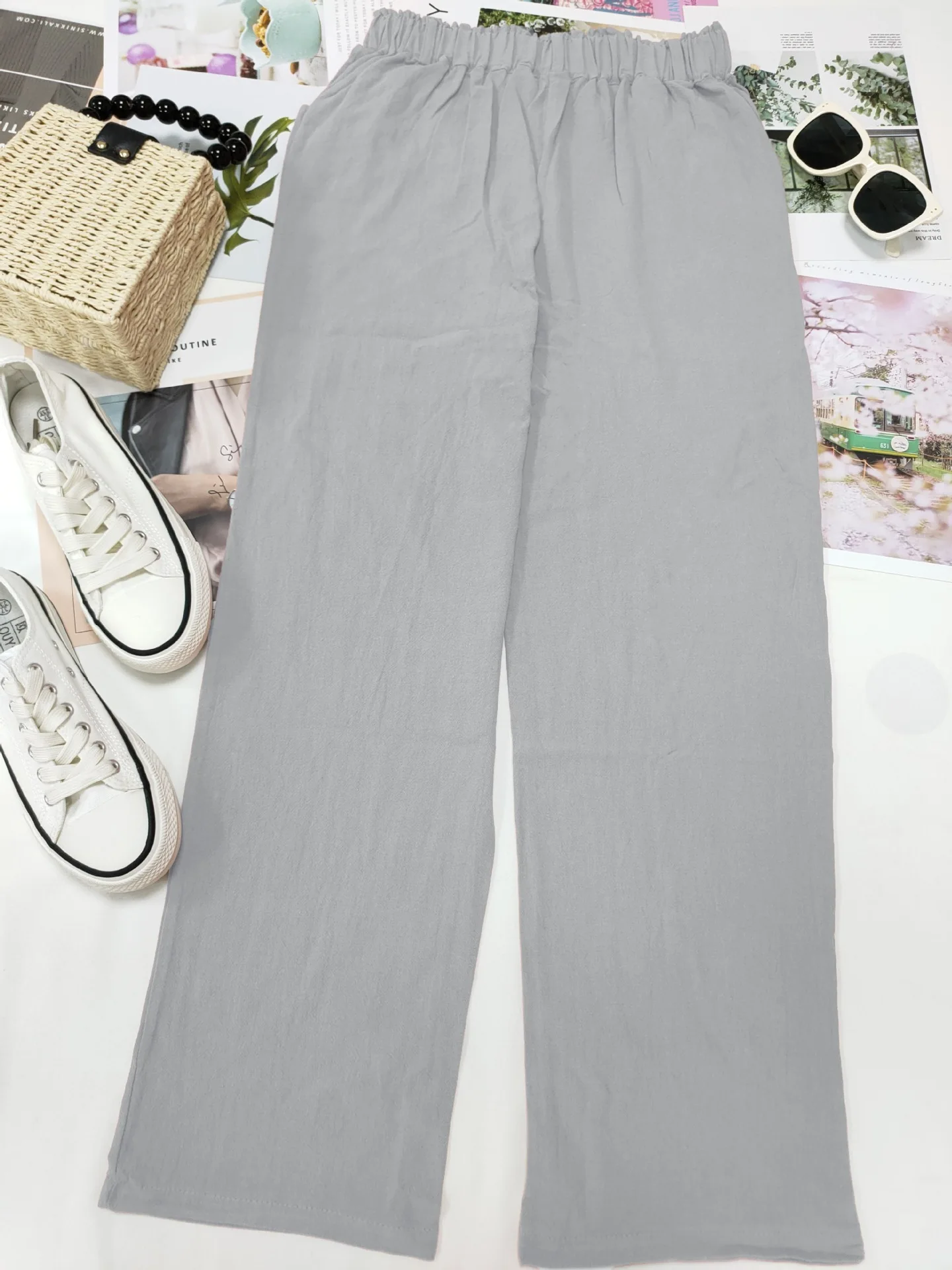 2026 Boho Linen Blend Cropped Pants for Women High Elastic Waist Button Fly Rolled Hem Trousers with Side Pockets