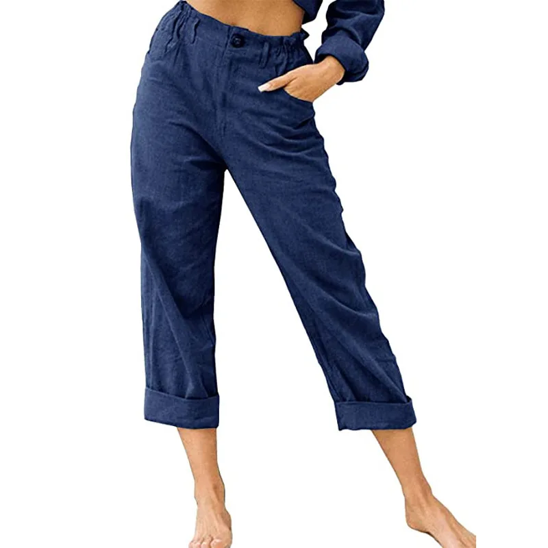 2026 Boho Linen Blend Cropped Pants for Women High Elastic Waist Button Fly Rolled Hem Trousers with Side Pockets