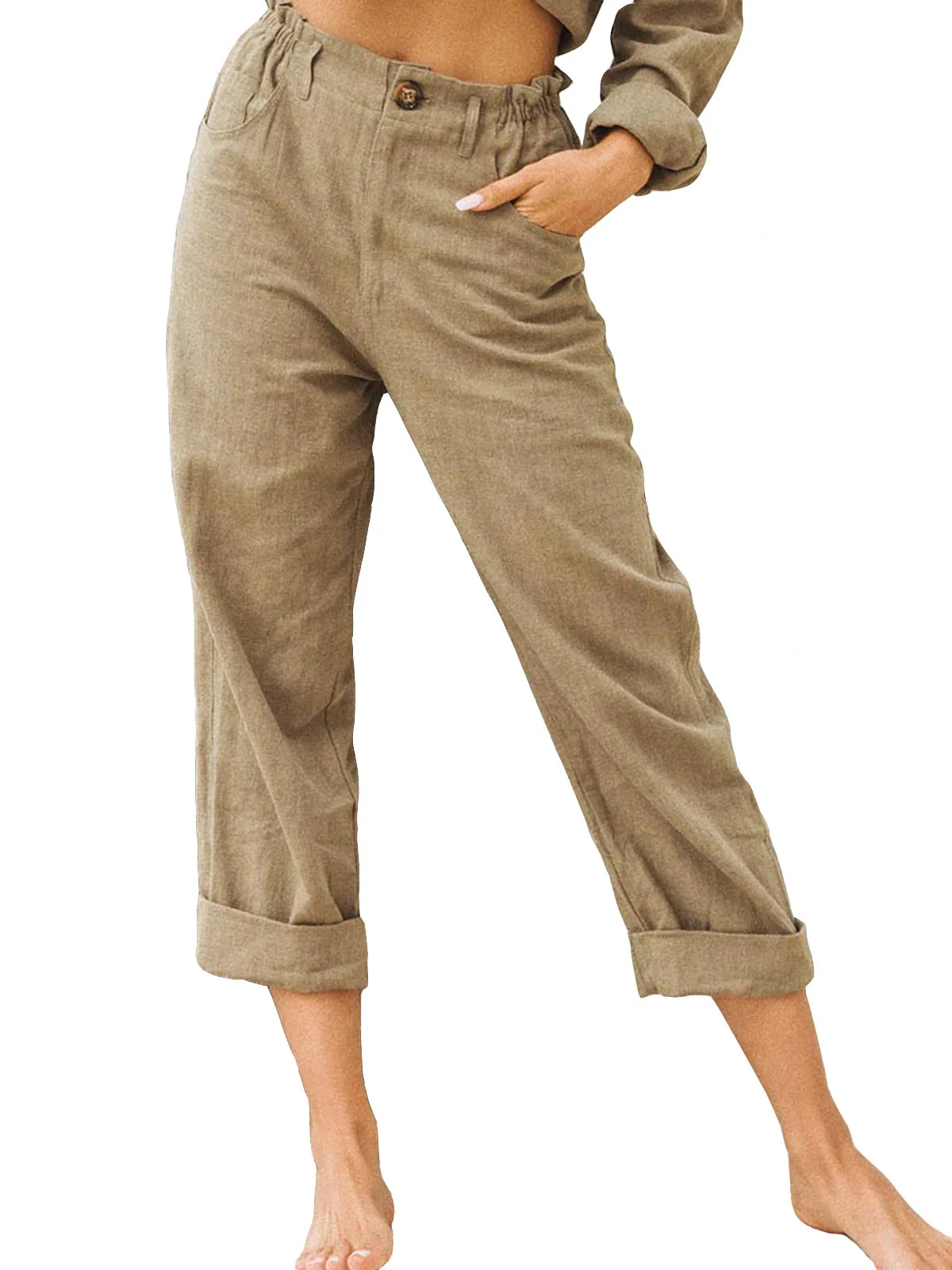 2026 Boho Linen Blend Cropped Pants for Women High Elastic Waist Button Fly Rolled Hem Trousers with Side Pockets