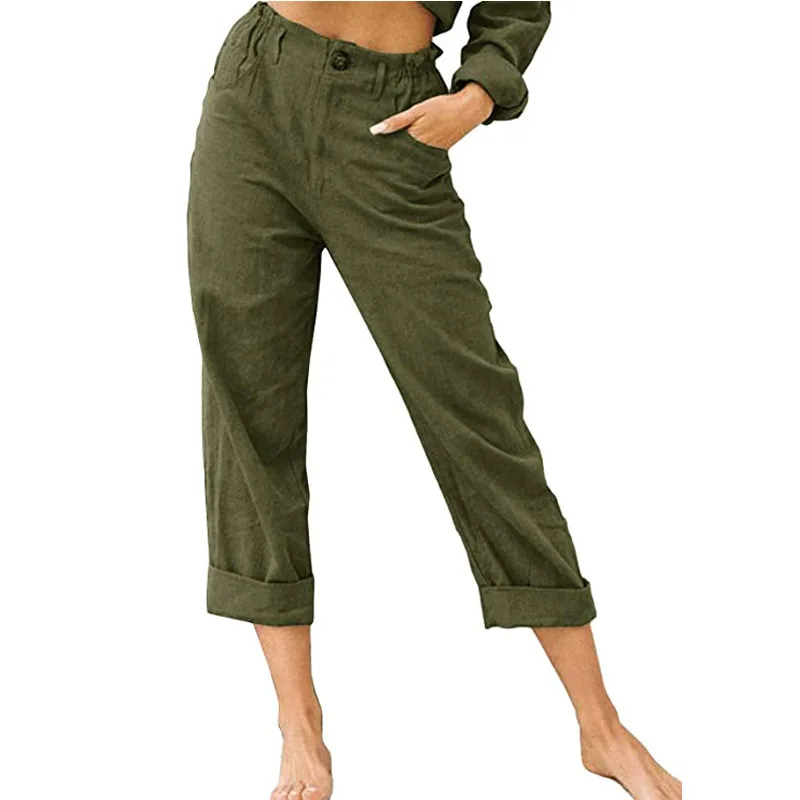 2026 Boho Linen Blend Cropped Pants for Women High Elastic Waist Button Fly Rolled Hem Trousers with Side Pockets