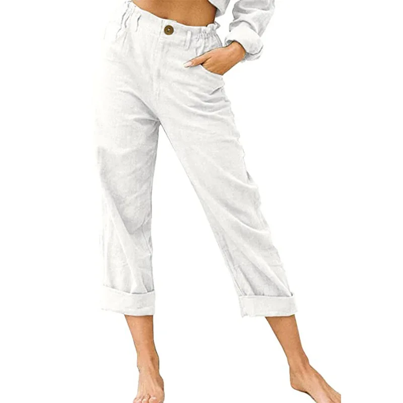 2026 Boho Linen Blend Cropped Pants for Women High Elastic Waist Button Fly Rolled Hem Trousers with Side Pockets