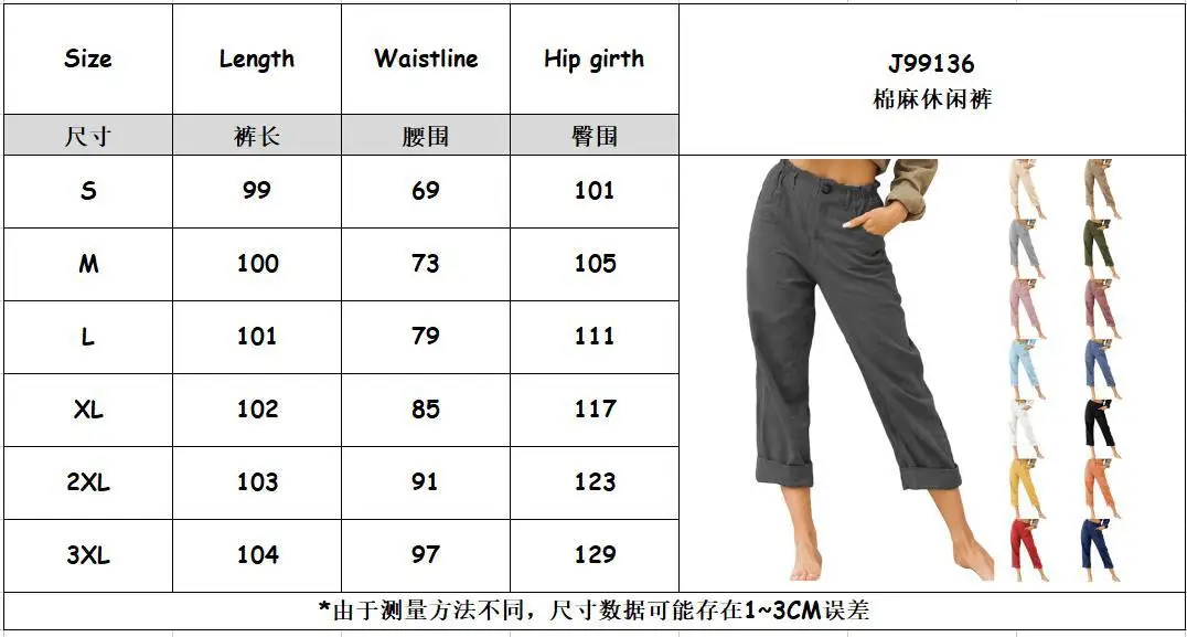 2026 Boho Linen Blend Cropped Pants for Women High Elastic Waist Button Fly Rolled Hem Trousers with Side Pockets