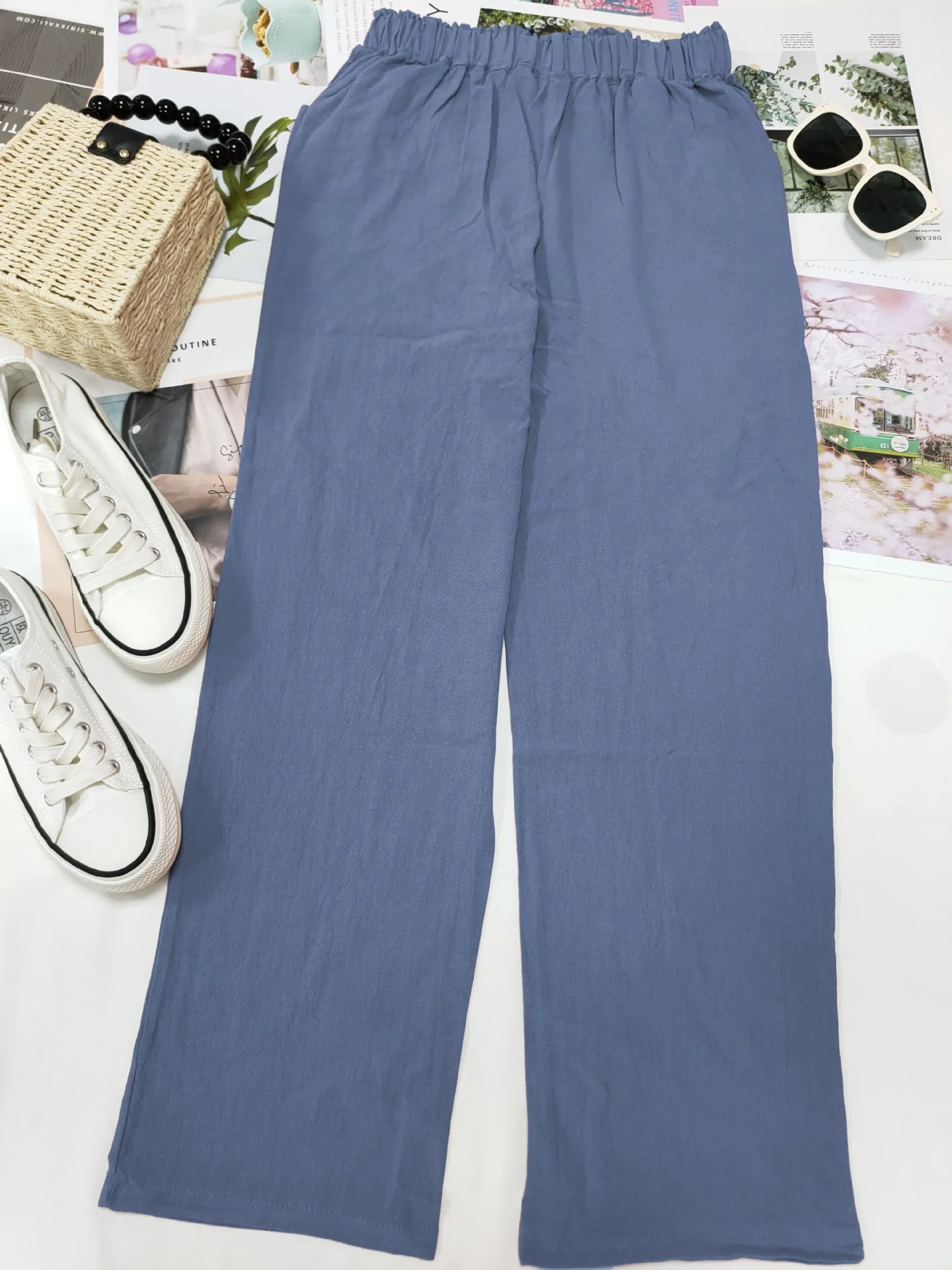 2026 Boho Linen Blend Cropped Pants for Women High Elastic Waist Button Fly Rolled Hem Trousers with Side Pockets
