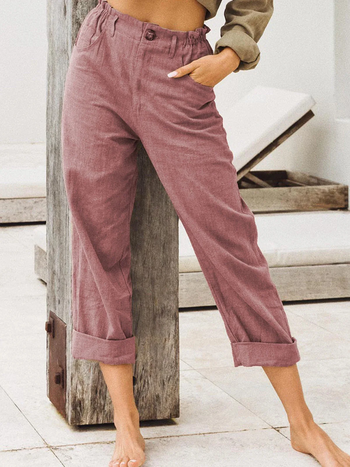 2026 Boho Linen Blend Cropped Pants for Women High Elastic Waist Button Fly Rolled Hem Trousers with Side Pockets