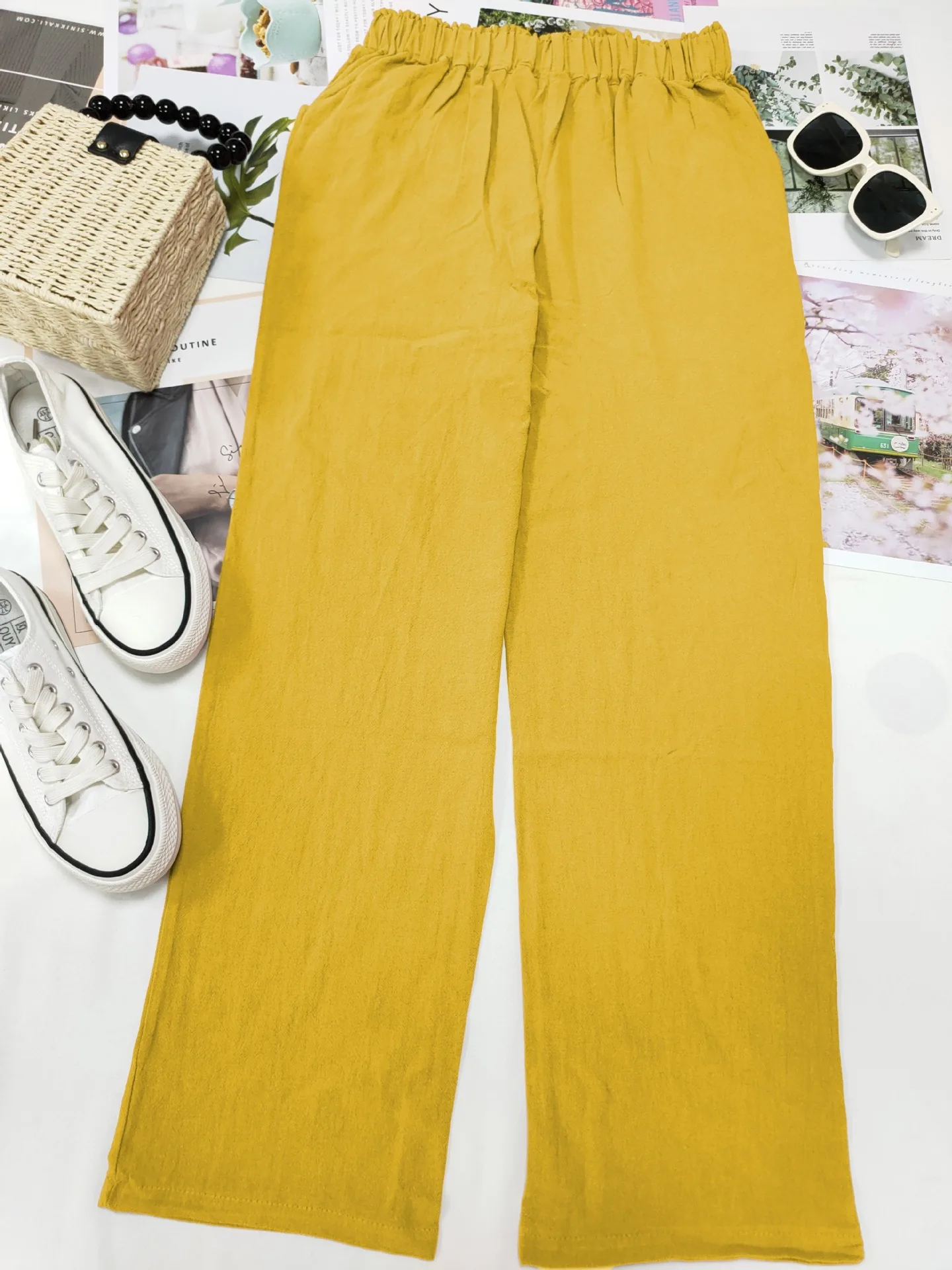2026 Boho Linen Blend Cropped Pants for Women High Elastic Waist Button Fly Rolled Hem Trousers with Side Pockets
