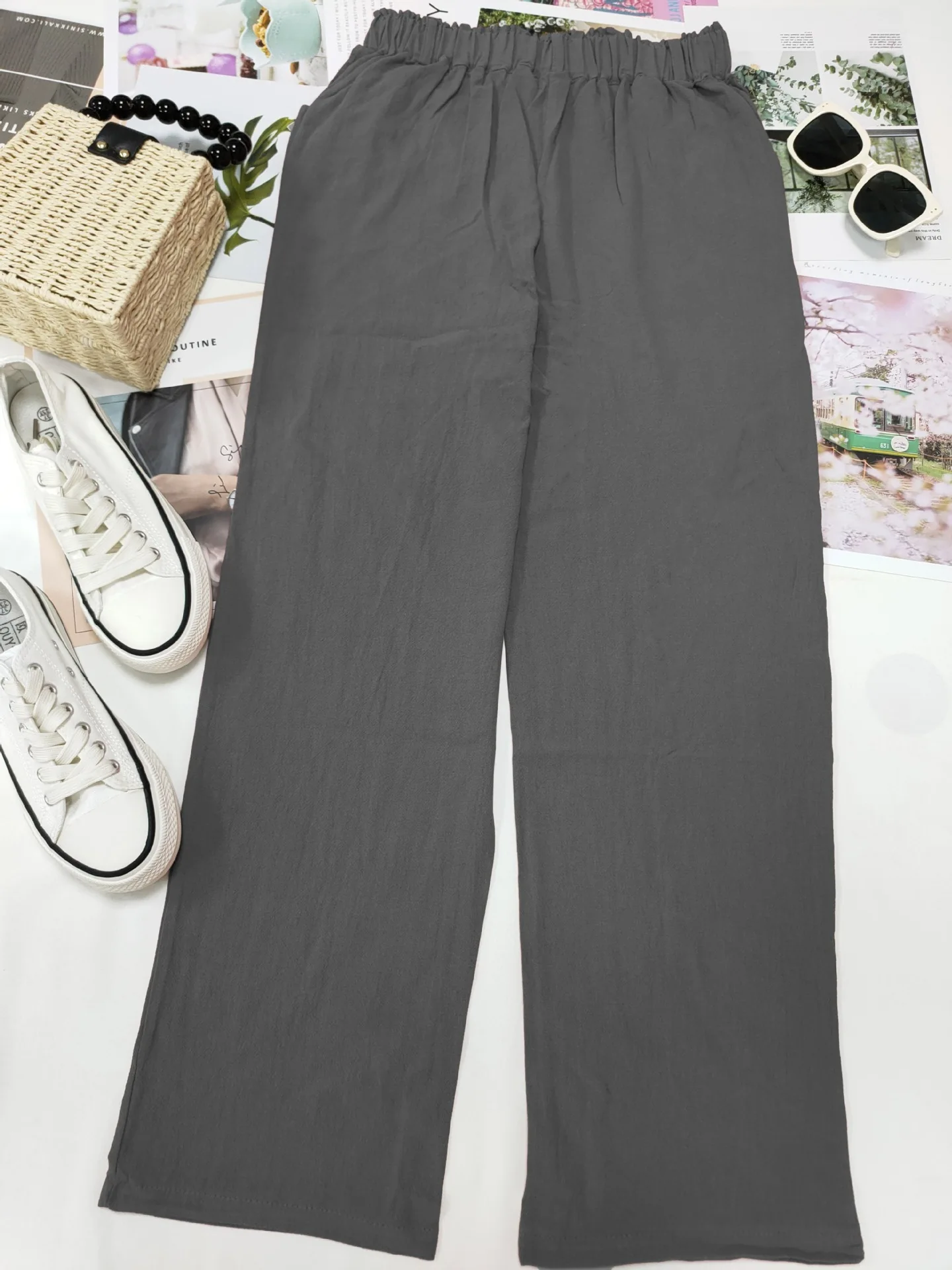 2026 Boho Linen Blend Cropped Pants for Women High Elastic Waist Button Fly Rolled Hem Trousers with Side Pockets