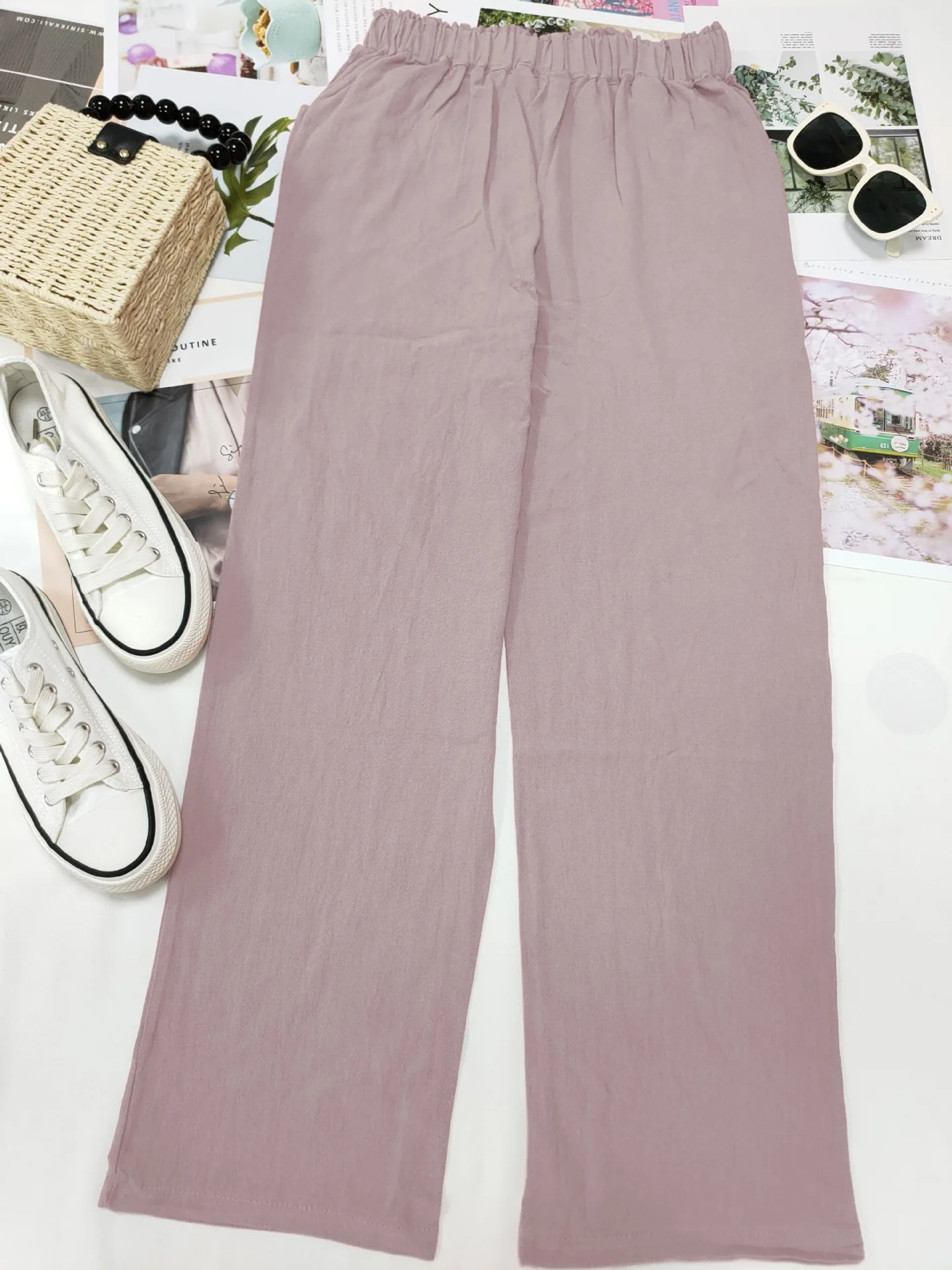 2026 Boho Linen Blend Cropped Pants for Women High Elastic Waist Button Fly Rolled Hem Trousers with Side Pockets