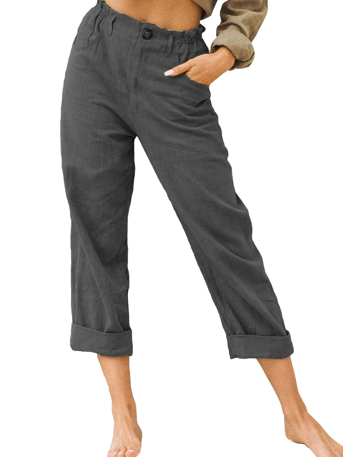 2026 Boho Linen Blend Cropped Pants for Women High Elastic Waist Button Fly Rolled Hem Trousers with Side Pockets