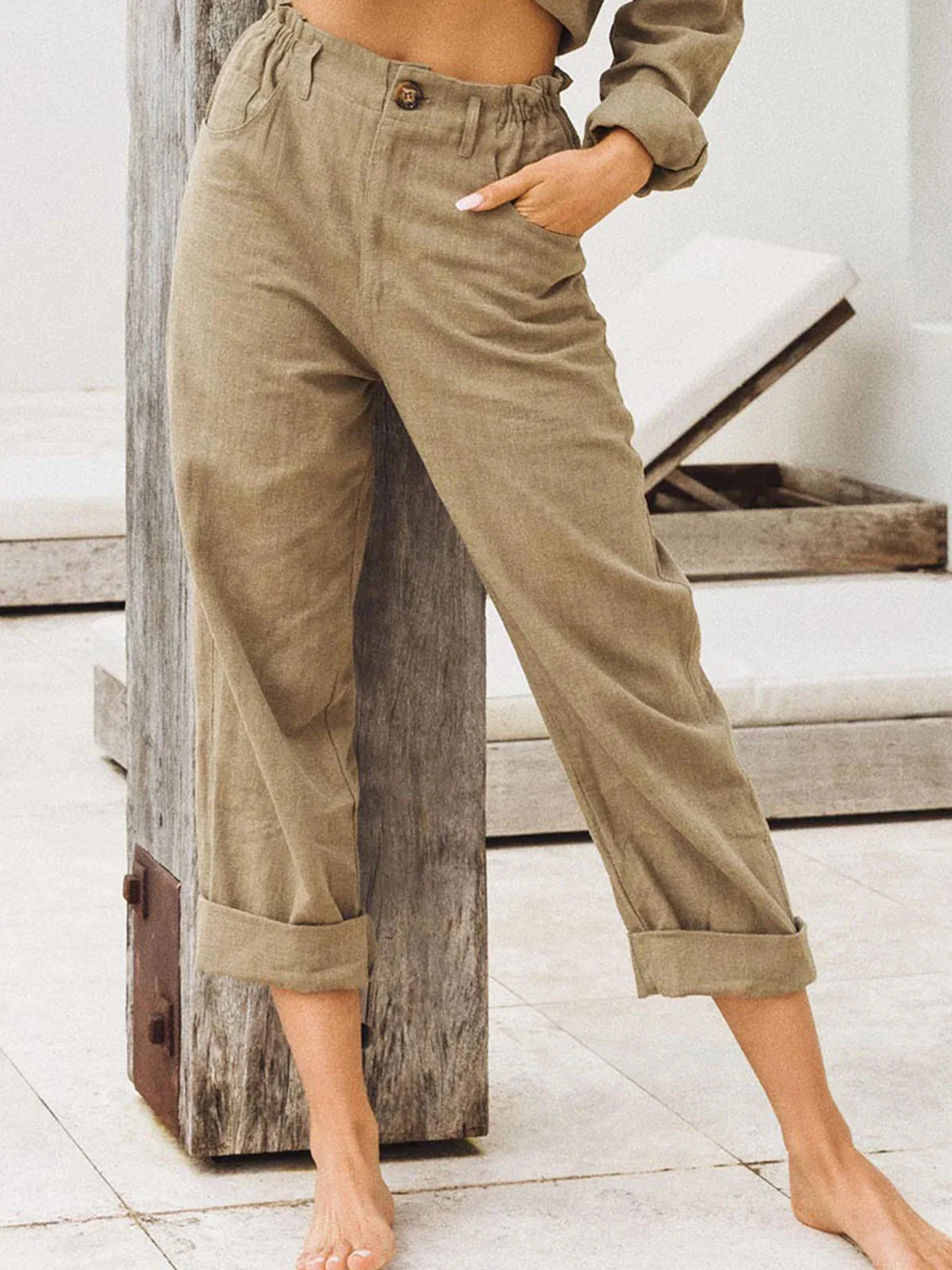 2026 Boho Linen Blend Cropped Pants for Women High Elastic Waist Button Fly Rolled Hem Trousers with Side Pockets