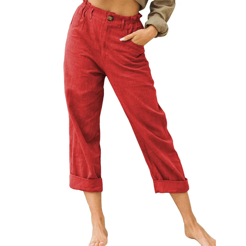 2026 Boho Linen Blend Cropped Pants for Women High Elastic Waist Button Fly Rolled Hem Trousers with Side Pockets