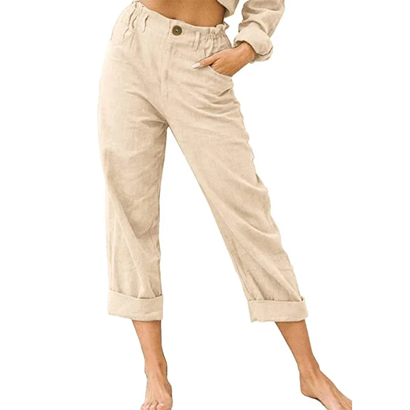 2026 Boho Linen Blend Cropped Pants for Women High Elastic Waist Button Fly Rolled Hem Trousers with Side Pockets