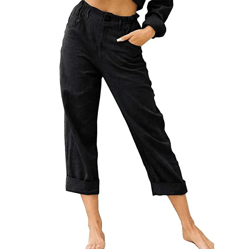 2026 Boho Linen Blend Cropped Pants for Women High Elastic Waist Button Fly Rolled Hem Trousers with Side Pockets