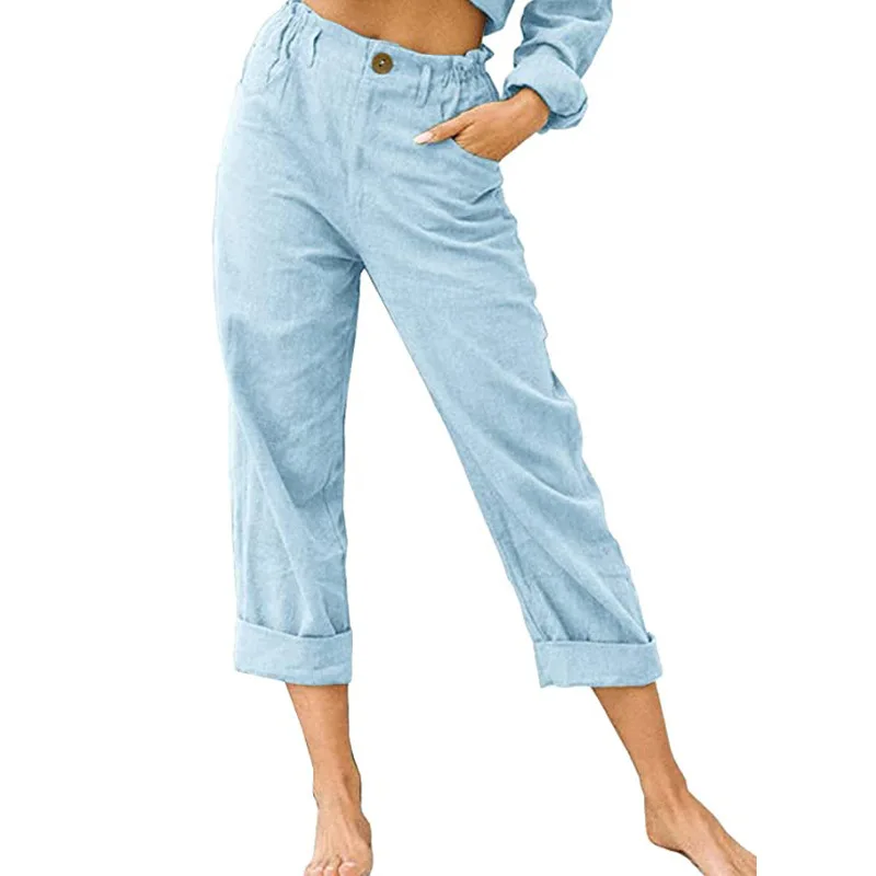 2026 Boho Linen Blend Cropped Pants for Women High Elastic Waist Button Fly Rolled Hem Trousers with Side Pockets