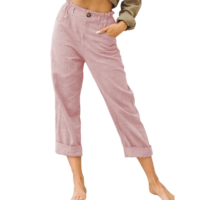 2026 Boho Linen Blend Cropped Pants for Women High Elastic Waist Button Fly Rolled Hem Trousers with Side Pockets
