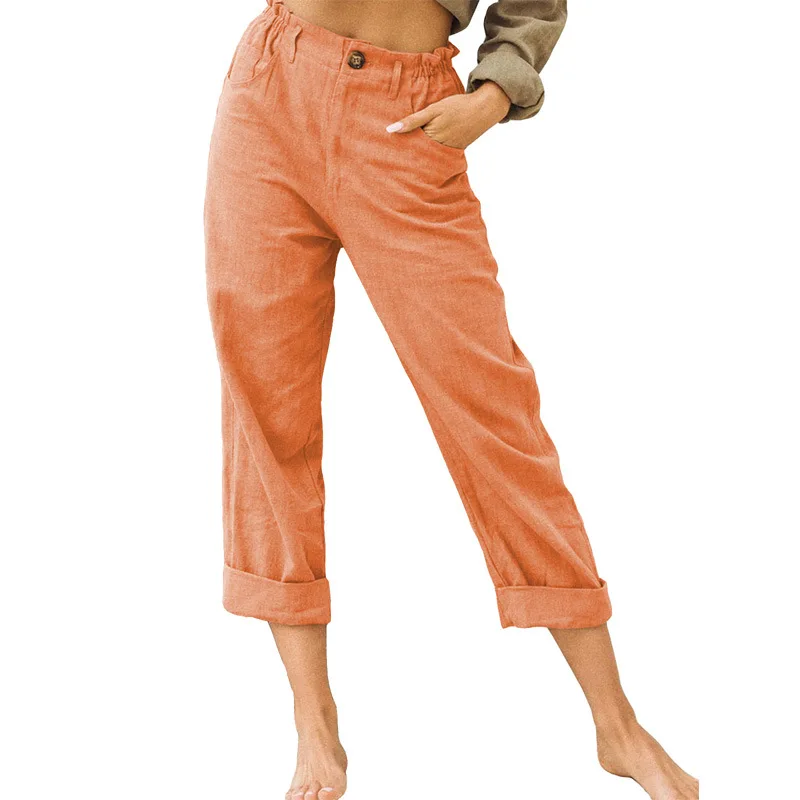 2026 Boho Linen Blend Cropped Pants for Women High Elastic Waist Button Fly Rolled Hem Trousers with Side Pockets