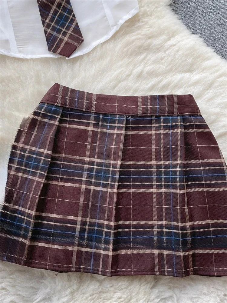 Plaid JK Uniform Short Sleeve Blouse And Pleated Skirt Set Women Sexy Comfortable Uniform Suit Female Clothing New