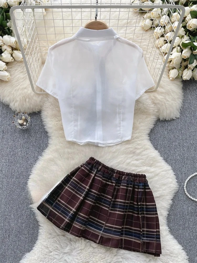 Plaid JK Uniform Short Sleeve Blouse And Pleated Skirt Set Women Sexy Comfortable Uniform Suit Female Clothing New